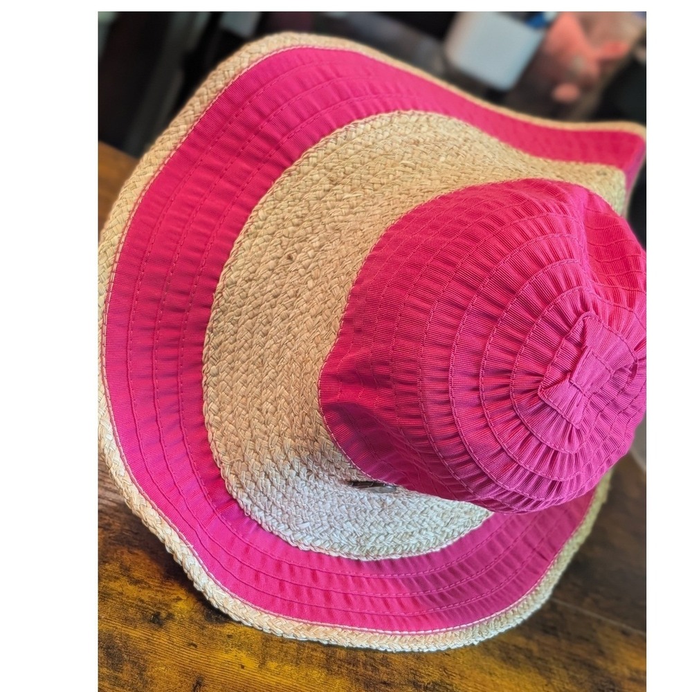 Hogue Distributors Pink Straw Sun Hat Wide Brim Ribbon Beach One Size Women Trip